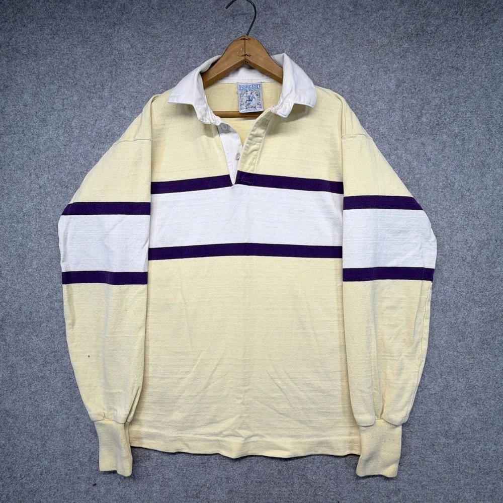 Vintage Lands End Rugby Shirt Mens L Striped Cotton Long Sleeve Polo Made In USA